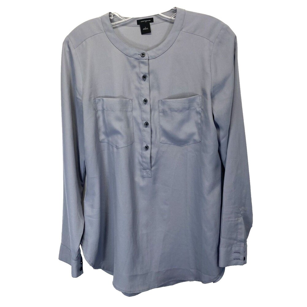 Ann Taylor Women's Size Small Blouse 1/2 Button Up Gray Long Sleeve Collarless